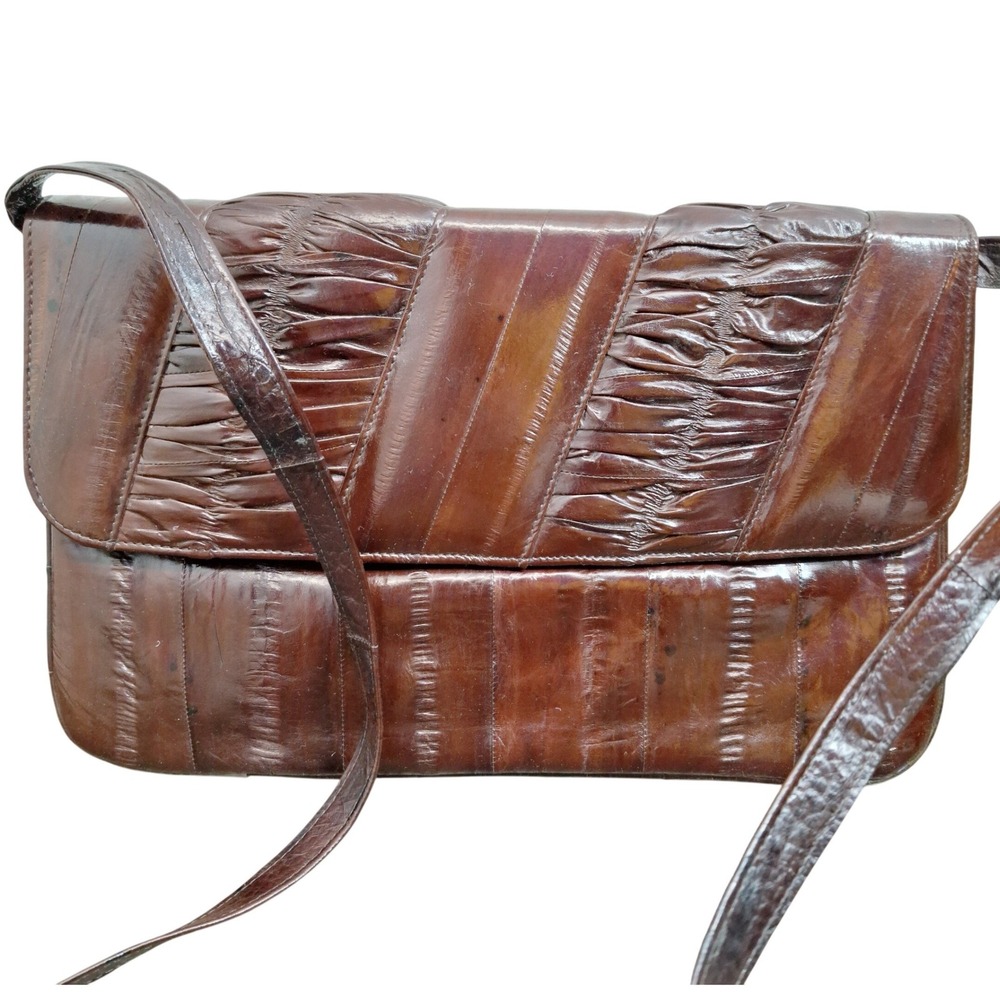 Vintage Genuine Eel Skin Crossbody Bag Brown Ruched Leather Exotic Retro Handbag